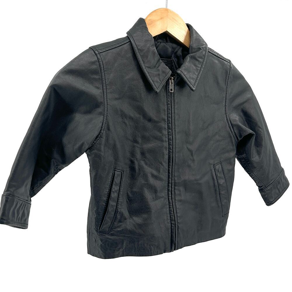 Vintage Y2K GAP Black Genuine Leather Minimalist Kids Moto Jacket